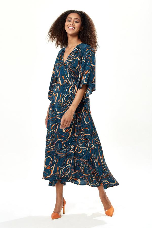 Liquorish Women's Maxi Dress in Dark Green with Kimono Sleeves and Scribble Print Wrap Design by Liquorish