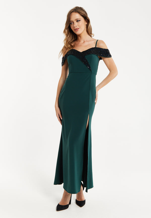 Liquorish Women's Maxi Dress In Emerald Green With Off-Shoulder Design Thigh-High Slit & Black Sequin Detail By Liquorish