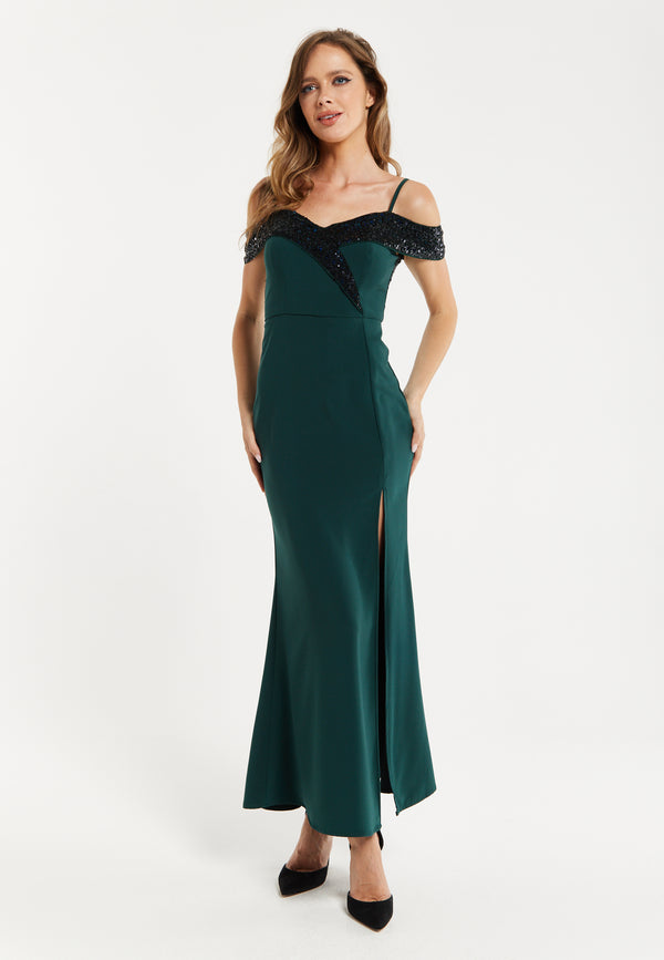 Liquorish Women's Maxi Dress in Emerald Green with Off-Shoulder Design Thigh-High Slit & Black Sequin Detail by Liquorish