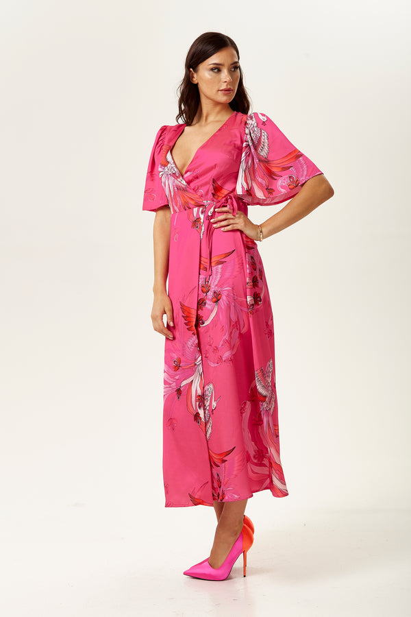 Liquorish Women's Maxi Dress In Fuchsia Floral With Short Sleeves And Tie Waist - Liquorish