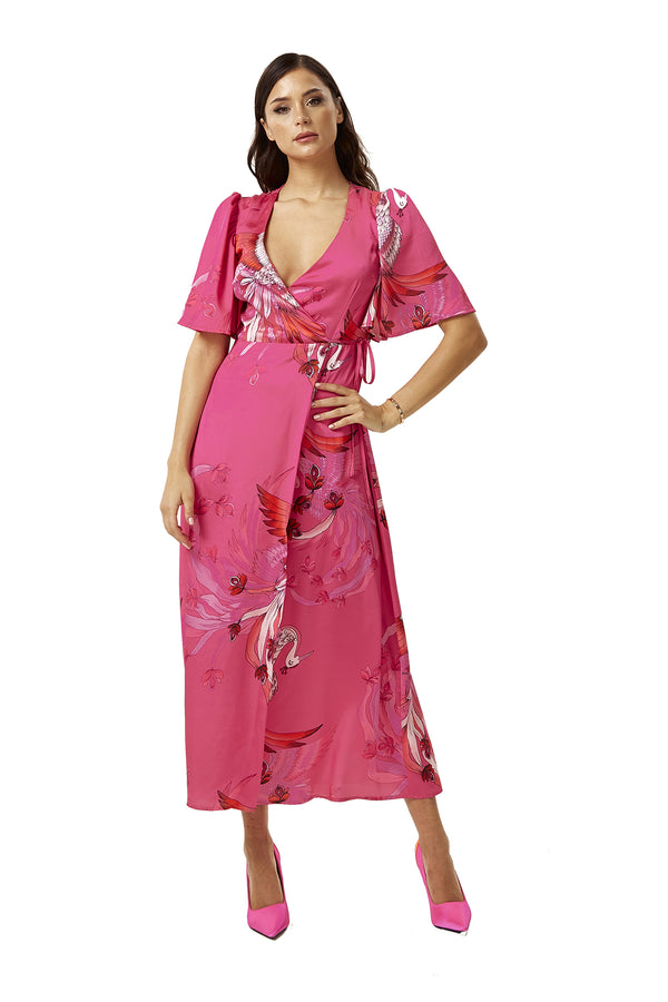 Liquorish Women's Maxi Dress in Fuchsia Floral with Short Sleeves and Tie Waist - Liquorish