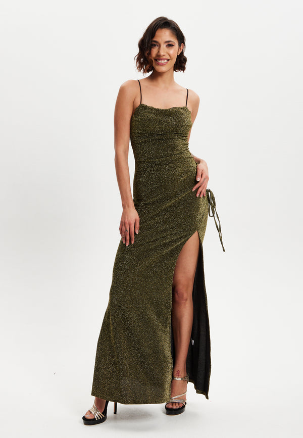 Liquorish Women's Maxi Dress In Gold With Sleeveless Design And Thigh-High Split - Liquorish