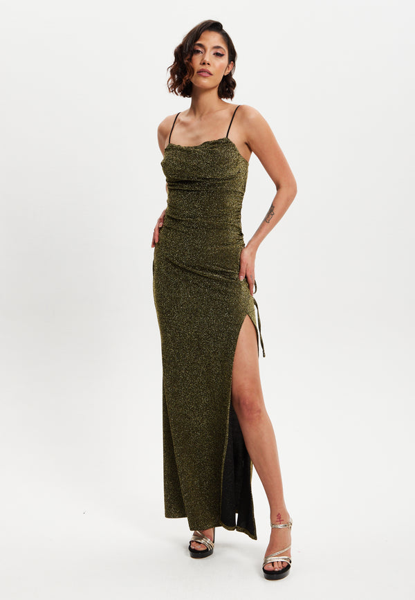 Liquorish Women's Maxi Dress in Gold with Sleeveless Design and Thigh-High Split - Liquorish