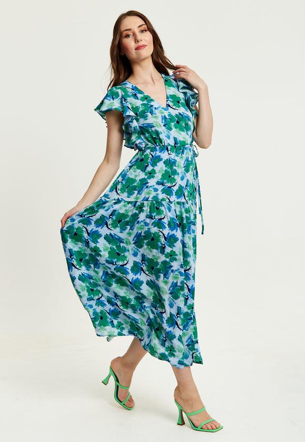 Liquorish Women's Maxi Dress In Green And Blue With Flouncy Sleeves And Side Tie-Up - Liquorish