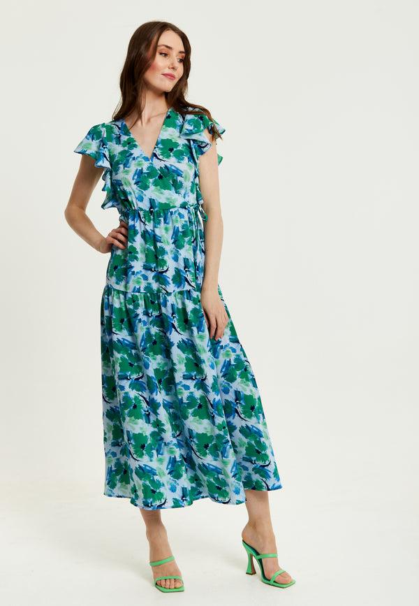 Liquorish Women's Maxi Dress In Green And Blue With Flouncy Sleeves And Side Tie-Up - Liquorish