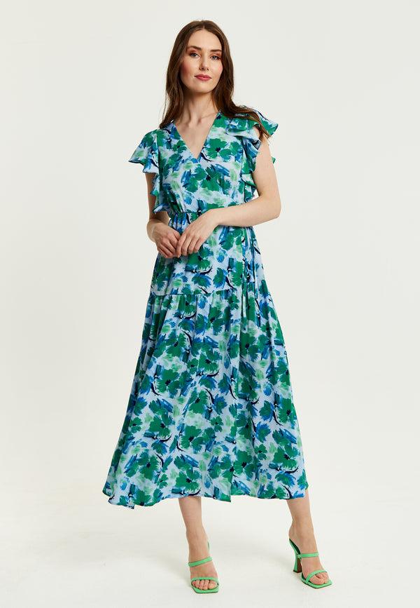 Liquorish Women's Maxi Dress In Green And Blue With Flouncy Sleeves And Side Tie-Up - Liquorish
