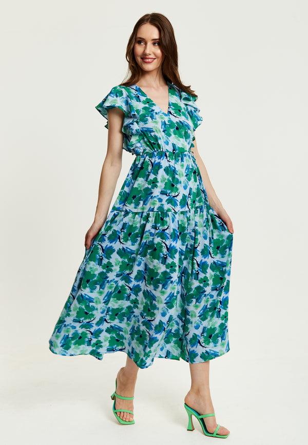 Liquorish Women's Maxi Dress in Green and Blue with Flouncy Sleeves and Side Tie-Up - Liquorish