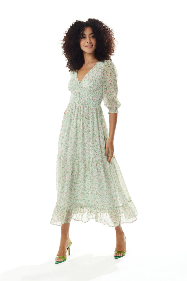 Liquorish Women's Maxi Dress In Green And White With 3/4 Sleeves And Button Details - Liquorish