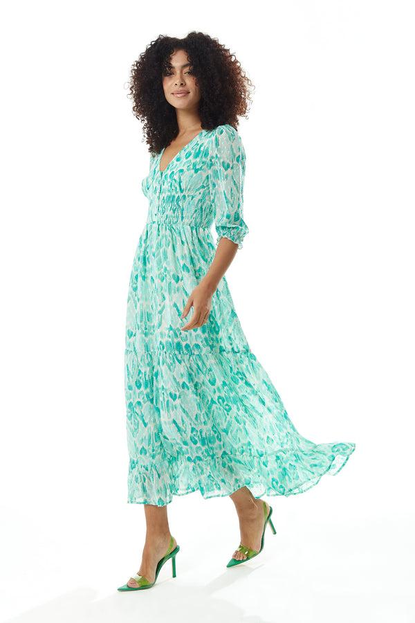 Liquorish Women's Maxi Dress In Green And White With 3/4 Sleeves And Luxurious Chiffon Fabric - Liquorish