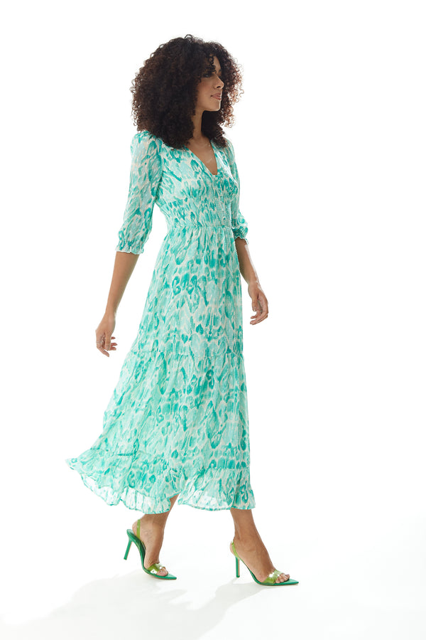 Liquorish Women's Maxi Dress In Green And White With 3/4 Sleeves And Luxurious Chiffon Fabric - Liquorish