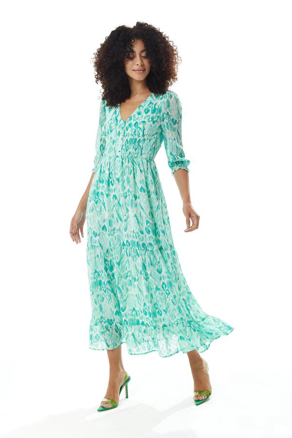 Liquorish Women's Maxi Dress in Green and White with 3/4 Sleeves and Luxurious Chiffon Fabric - Liquorish