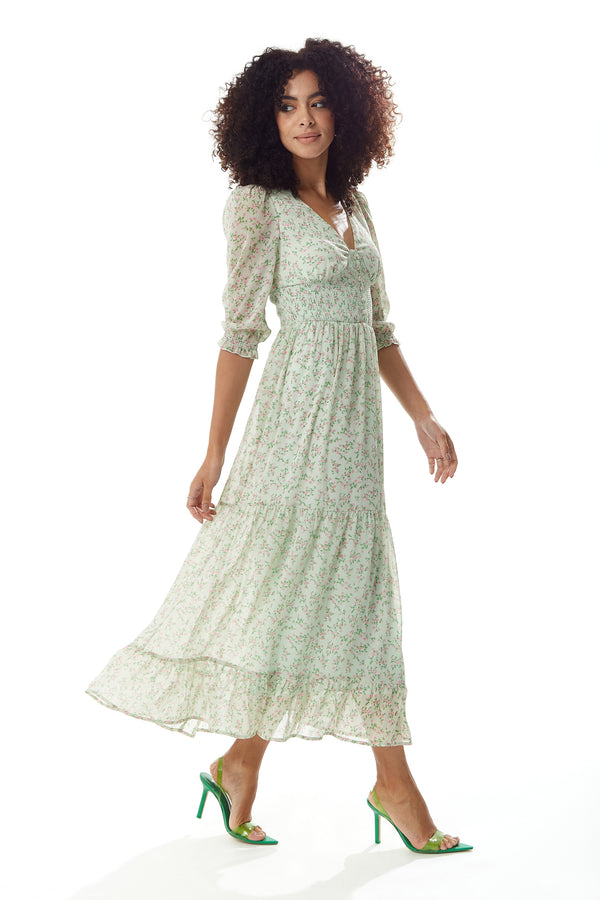 Liquorish Women's Maxi Dress In Green And White With 3/4 Sleeves And Button Details - Liquorish