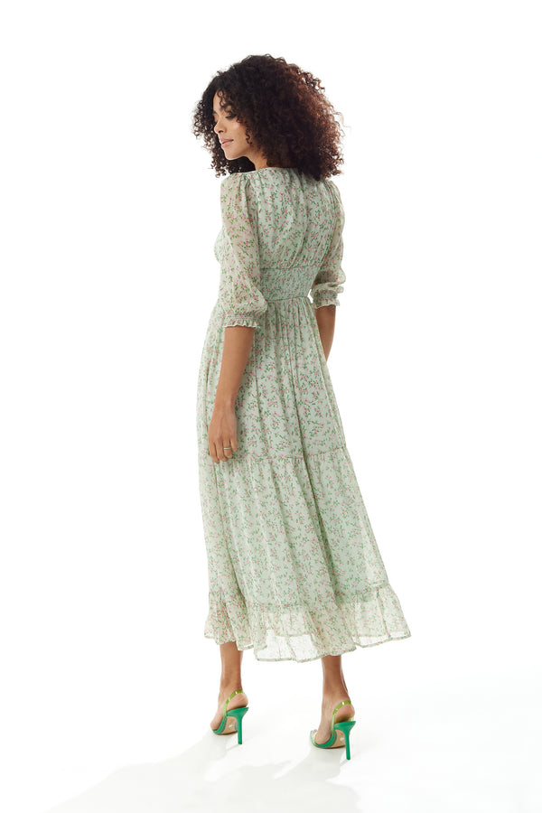 Liquorish Women's Maxi Dress In Green And White With 3/4 Sleeves And Button Details - Liquorish