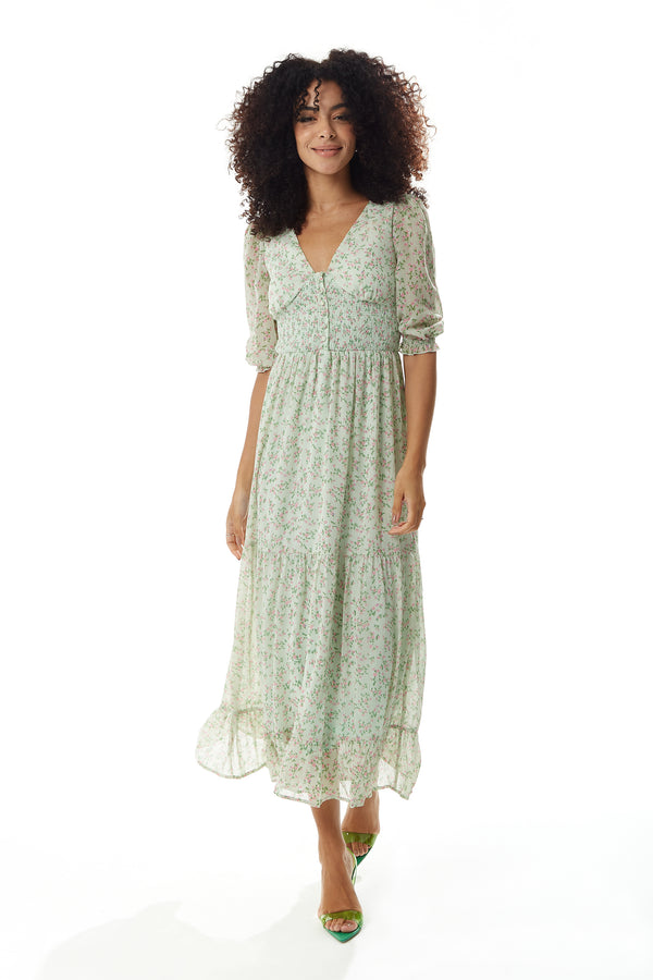 Liquorish Women's Maxi Dress in Green and White with 3/4 Sleeves and Button Details - Liquorish