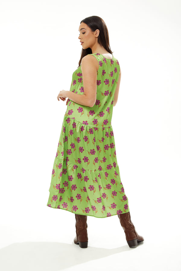 Liquorish Women's Maxi Dress In Green Floral Print With Scoop Neck And Dropped Waist - Liquorish