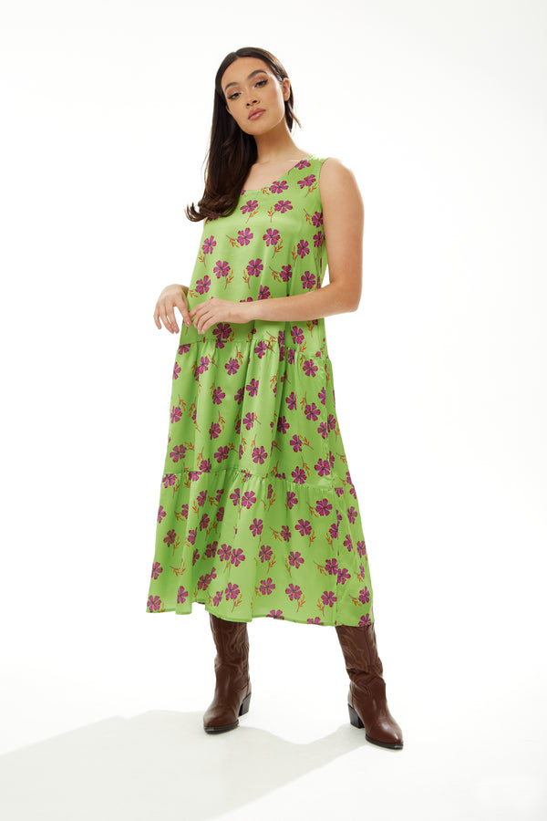 Liquorish Women's Maxi Dress in Green Floral Print with Scoop Neck and Dropped Waist - Liquorish