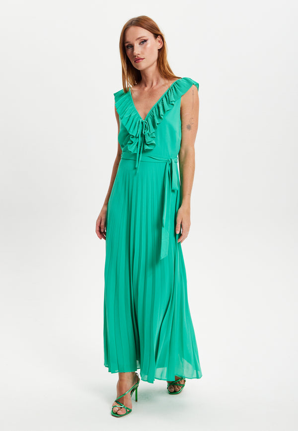 Liquorish Women's Maxi Dress In Green With Frilled V Neck Sleeveless Design Pleated Skirt And Tie Waist - Liquorish