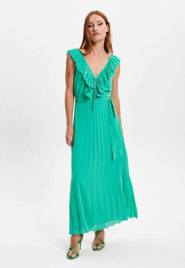 Liquorish Women's Maxi Dress In Green With Frilled V Neck Sleeveless Design Pleated Skirt And Tie Waist - Liquorish