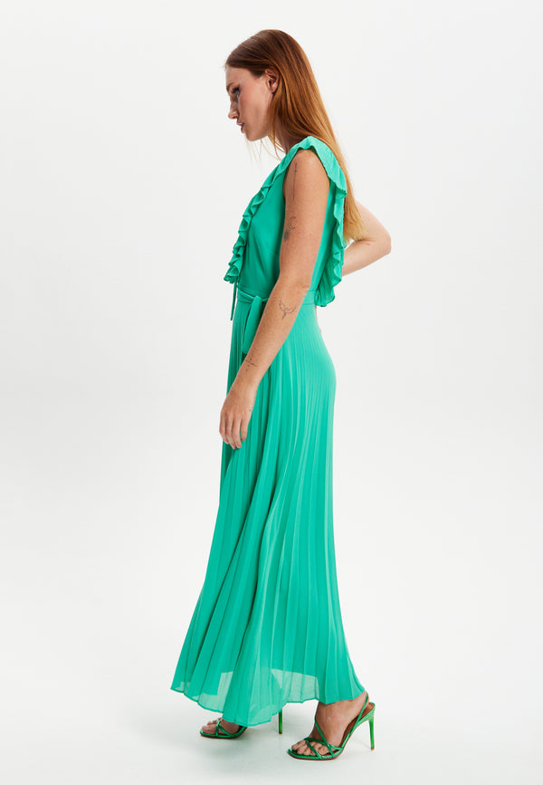 Liquorish Women's Maxi Dress In Green With Frilled V Neck Sleeveless Design Pleated Skirt And Tie Waist - Liquorish
