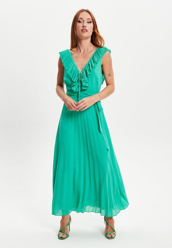 Liquorish Women's Maxi Dress in Green with Frilled V Neck Sleeveless Design Pleated Skirt and Tie Waist - Liquorish