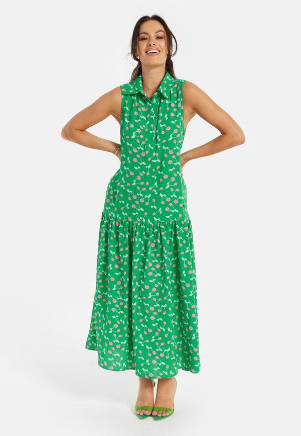 Liquorish Women's Maxi Dress In Green With Sleeveless Design And Cherry Print By Liquorish