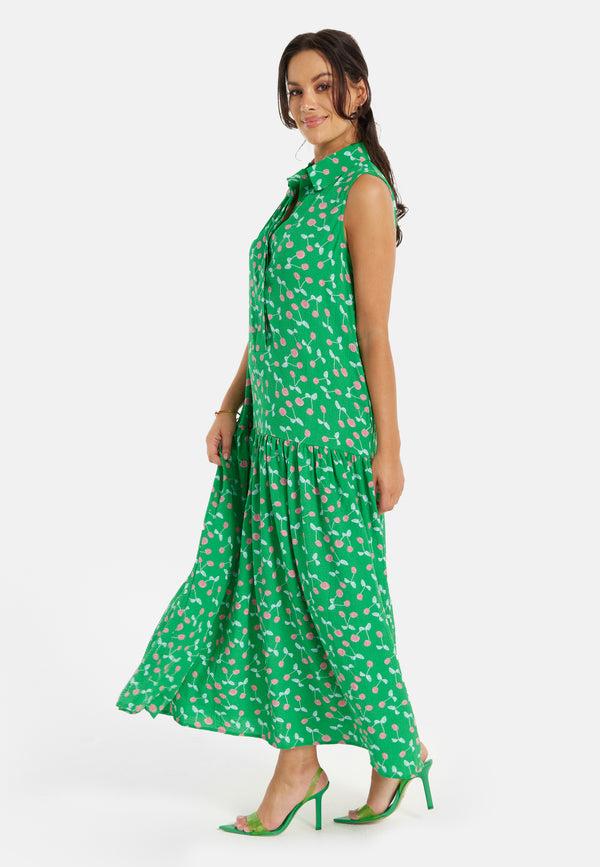 Liquorish Women's Maxi Dress In Green With Sleeveless Design And Cherry Print By Liquorish