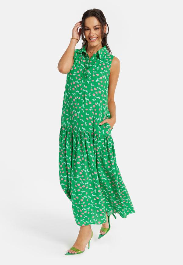 Liquorish Women's Maxi Dress In Green With Sleeveless Design And Cherry Print By Liquorish