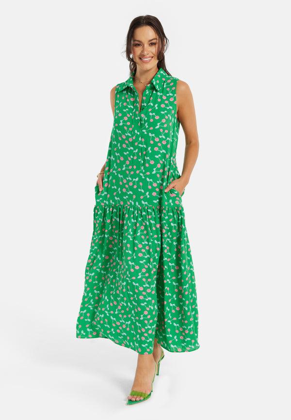 Liquorish Women's Maxi Dress in Green with Sleeveless Design and Cherry Print by Liquorish