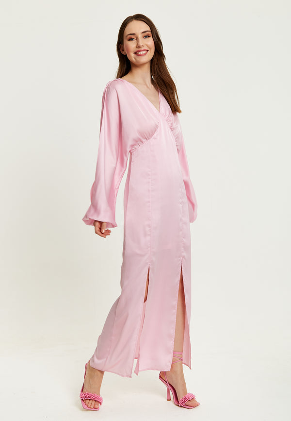 Liquorish Women's Maxi Dress In Light Pink With Long Sleeve Slits - Elegant Design By Liquorish