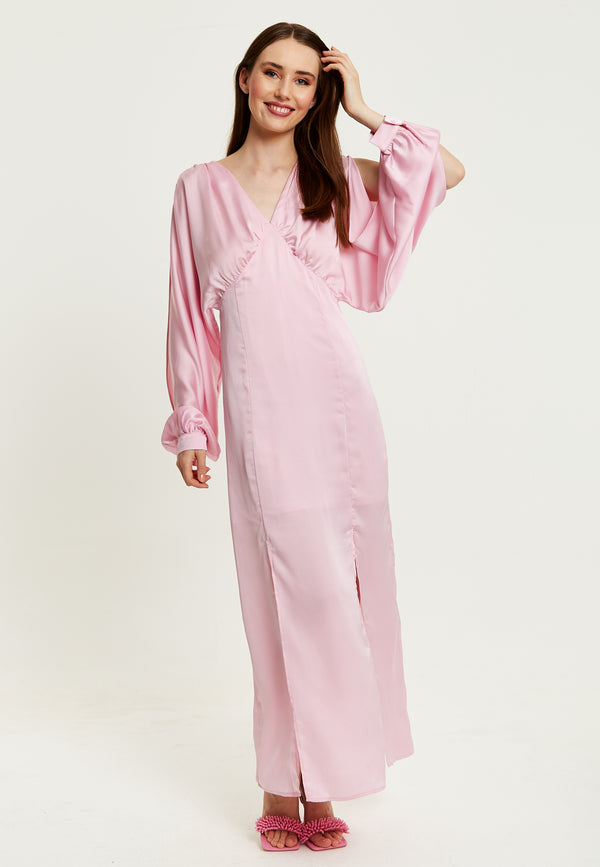 Liquorish Women's Maxi Dress In Light Pink With Long Sleeve Slits - Elegant Design By Liquorish