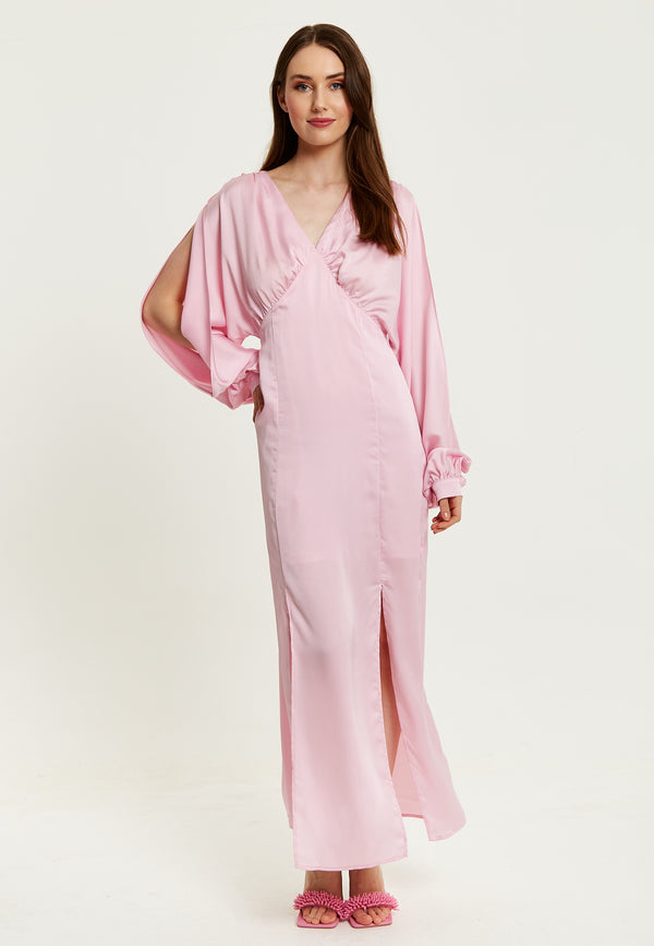 Liquorish Women's Maxi Dress In Light Pink With Long Sleeve Slits - Elegant Design By Liquorish