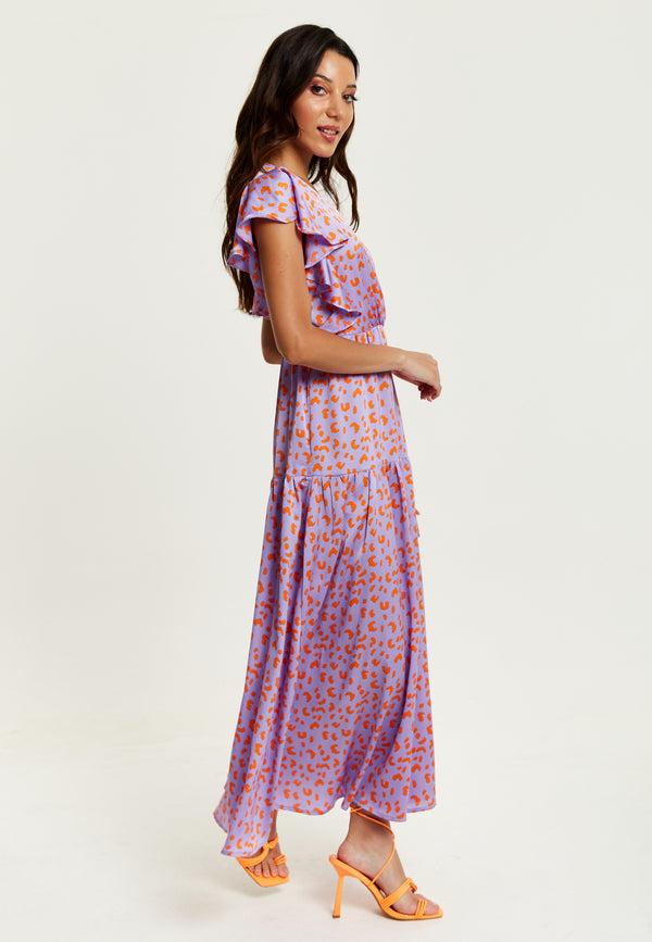 Liquorish Women's Maxi Dress In Lilac And Orange With Flouncy Sleeves Cheetah Print Wrap Style By Liquorish