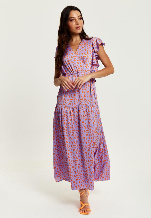 Liquorish Women's Maxi Dress In Lilac And Orange With Flouncy Sleeves Cheetah Print Wrap Style By Liquorish