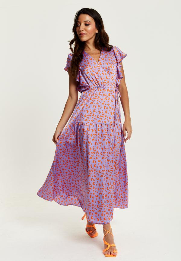 Liquorish Women's Maxi Dress in Lilac and Orange with Flouncy Sleeves Cheetah Print Wrap Style by Liquorish