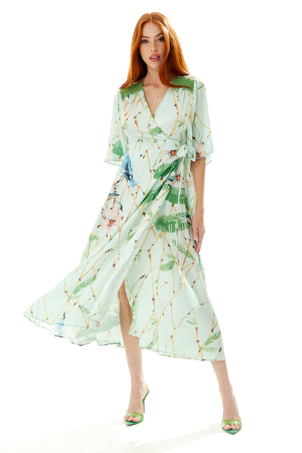 Liquorish Women's Maxi Dress in Mint Green with V-Neck Tie Waist Kimono Sleeves and Green Lace Details - Liquorish