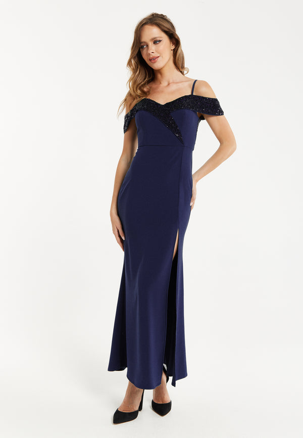 Liquorish Women's Maxi Dress In Navy With Off-Shoulder Design Thigh-High Slit & Sequin Detail By Liquorish