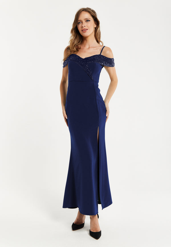 Liquorish Women's Maxi Dress in Navy with Off-Shoulder Design Thigh-High Slit & Sequin Detail by Liquorish