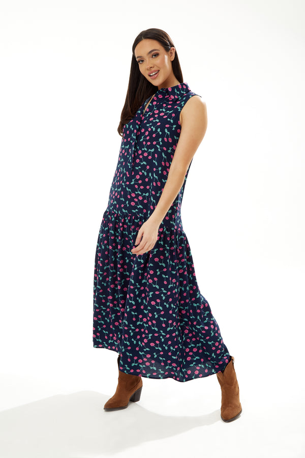 Liquorish Women's Maxi Dress In Navy With Sleeveless Oversized Fit And Cherry Print - Liquorish