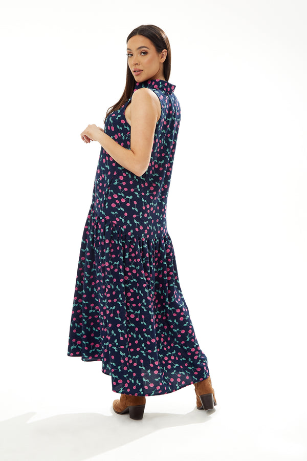 Liquorish Women's Maxi Dress In Navy With Sleeveless Oversized Fit And Cherry Print - Liquorish