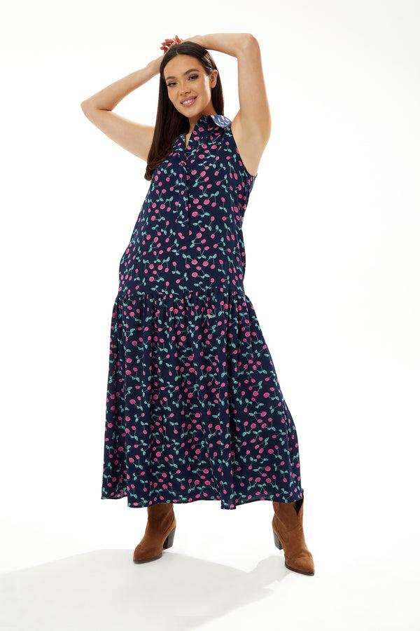 Liquorish Women's Maxi Dress In Navy With Sleeveless Oversized Fit And Cherry Print - Liquorish