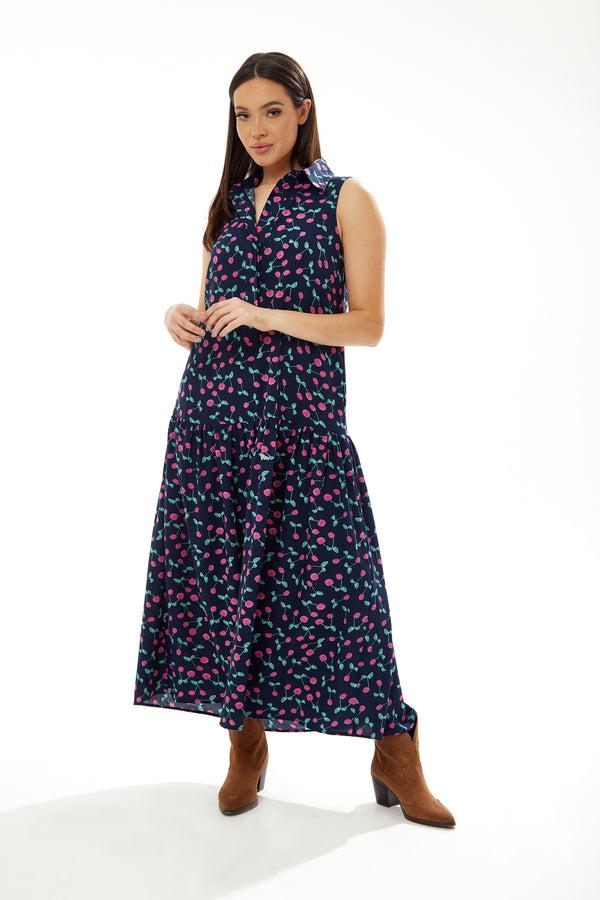 Liquorish Women's Maxi Dress in Navy with Sleeveless Oversized Fit and Cherry Print - Liquorish