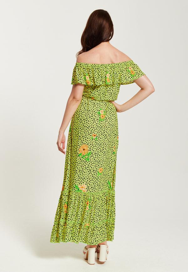 Liquorish Women's Maxi Dress In Neon Green With Off Shoulder Sleeves And Tie Waist Detail - Liquorish