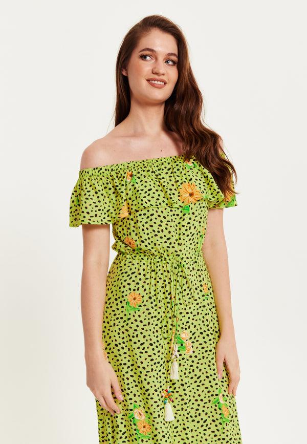 Liquorish Women's Maxi Dress In Neon Green With Off Shoulder Sleeves And Tie Waist Detail - Liquorish