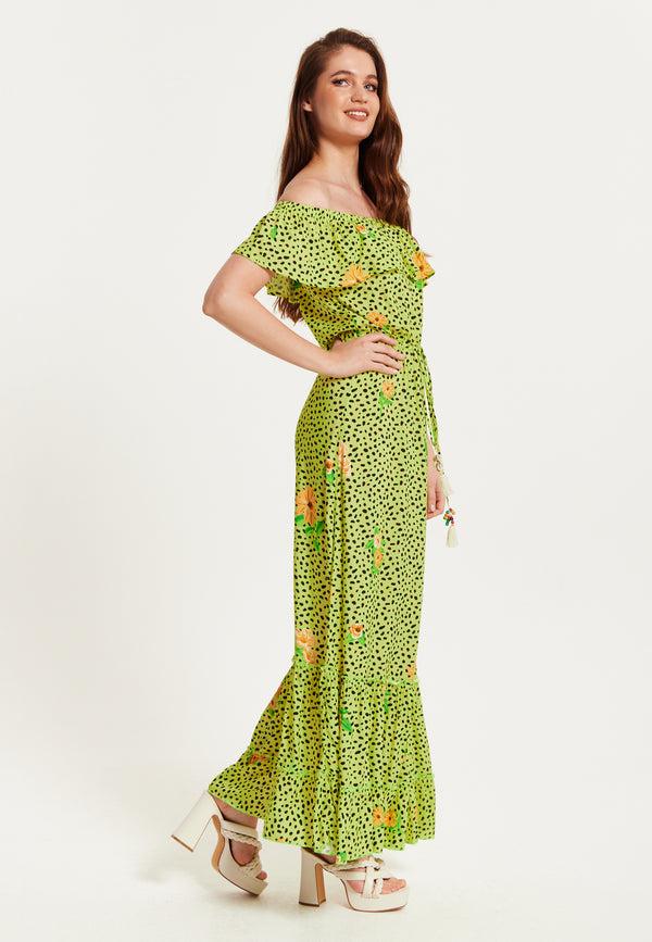 Liquorish Women's Maxi Dress In Neon Green With Off Shoulder Sleeves And Tie Waist Detail - Liquorish