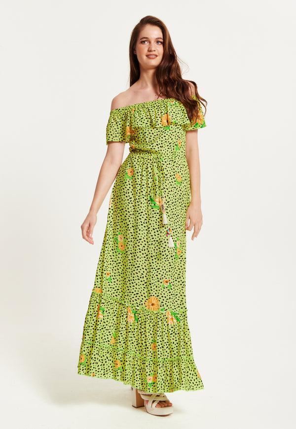 Liquorish Women's Maxi Dress in Neon Green with Off Shoulder Sleeves and Tie Waist Detail - Liquorish