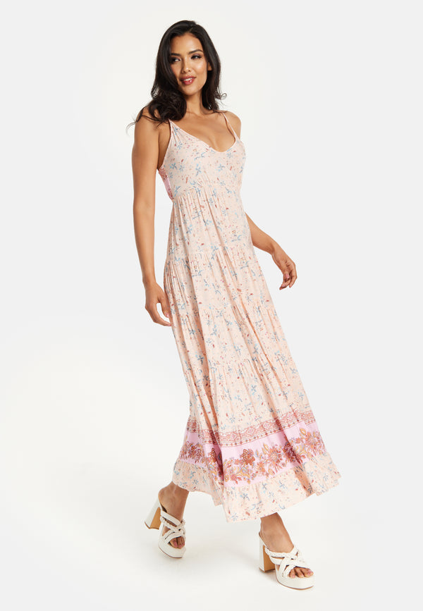 Liquorish Women's Maxi Dress In Nude Floral Print With Sleeveless Design And Tie Back Detail - Liquorish