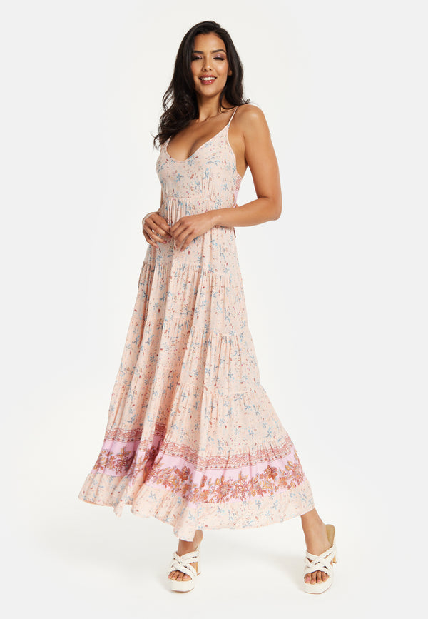 Liquorish Women's Maxi Dress In Nude Floral Print With Sleeveless Design And Tie Back Detail - Liquorish
