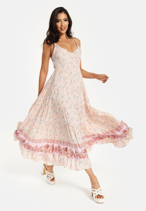 Liquorish Women's Maxi Dress In Nude Floral Print With Sleeveless Design And Tie Back Detail - Liquorish