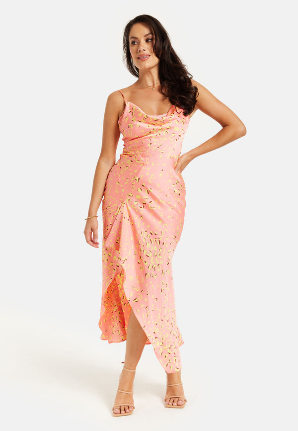 Liquorish Women’s Maxi Dress In Peach With Cowl Neck Spaghetti Straps And Abstract Animal Print