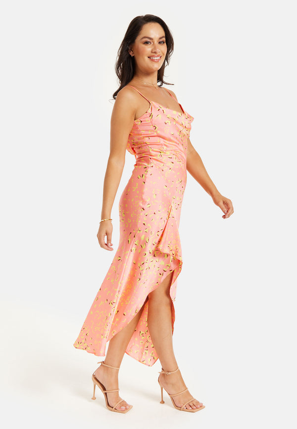 Liquorish Women’s Maxi Dress In Peach With Cowl Neck Spaghetti Straps And Abstract Animal Print